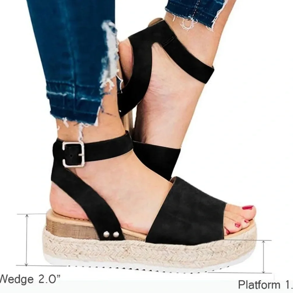Womens Black Ankle Strap Espadrille Platform Sandals